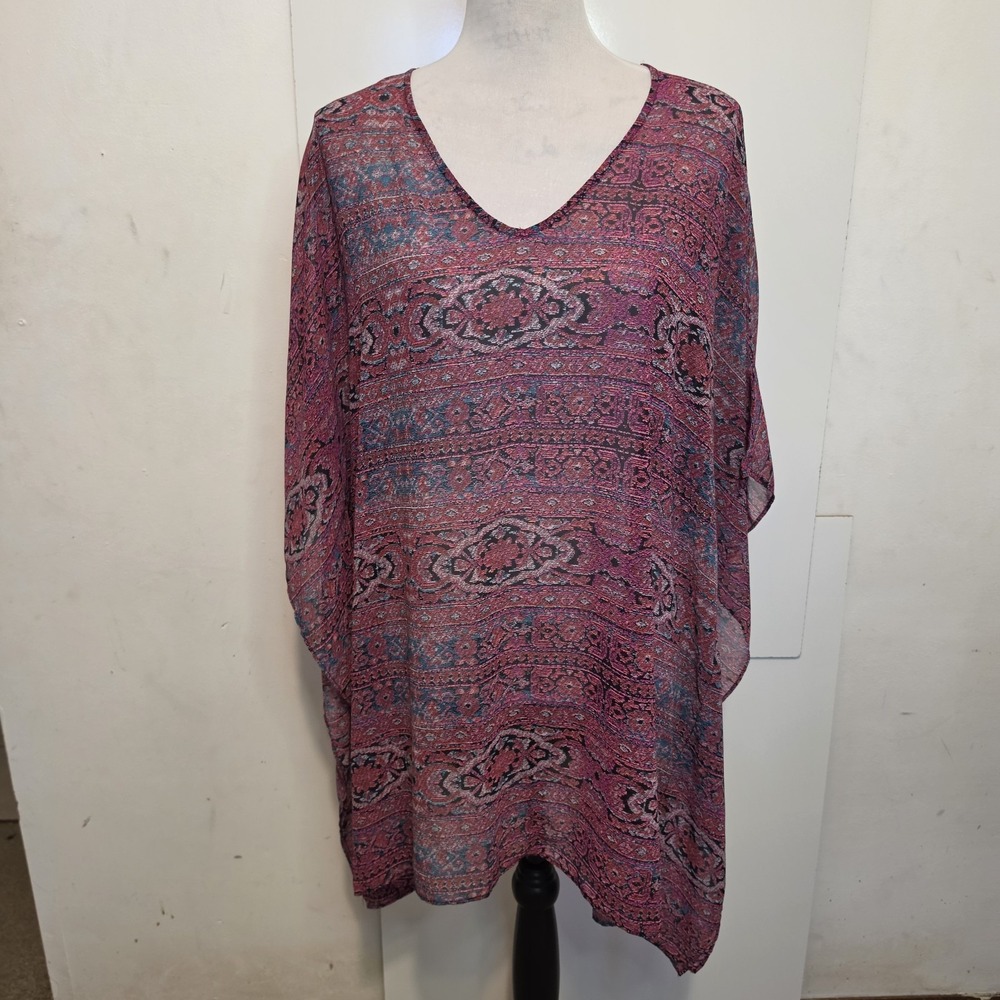 Express Women's One Size Sheer Boho Poncho Tunic Top Pink Paisley V-Neck...